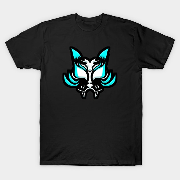 Dark Kitsune Face - Cyan T-Shirt by ChrisOConnell